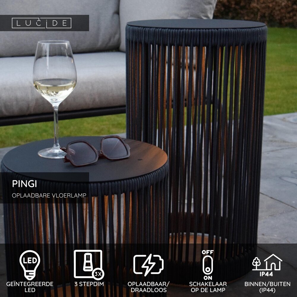 Lucide PINGI - Oplaadbare Vloerlamp Binnen/Buiten - Accu/Batterij - Ø 33,5 cm - LED 3 StepDim - 1x3W 3000K - IP44 - Zwart