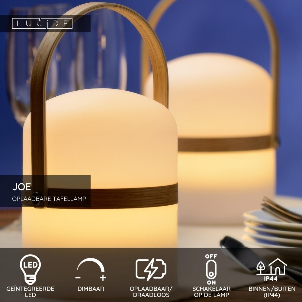 Lucide JOE - Oplaadbare Tafellamp Binnen/Buiten - Accu/Batterij - Ø 14,5 cm - LED Dimb. - 1x3W 3000K - IP44 - Wit Lucide JOE - Oplaadbare Tafellamp Binnen/Buiten - Accu/Batterij - Ø 14,5 cm - LED Dimb. - 1x3W 3000K - IP44 - Wit