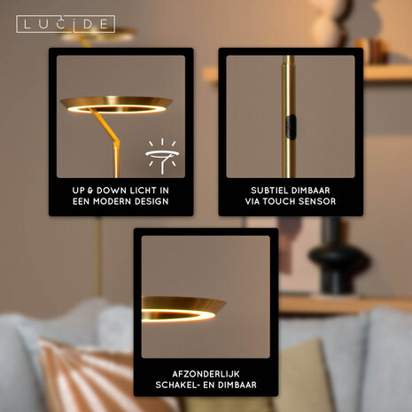 Lucide CELESTE - Vloerlamp - Ø 28 cm - LED Dimb. - 1x21W 2700K - Mat Goud / Messing