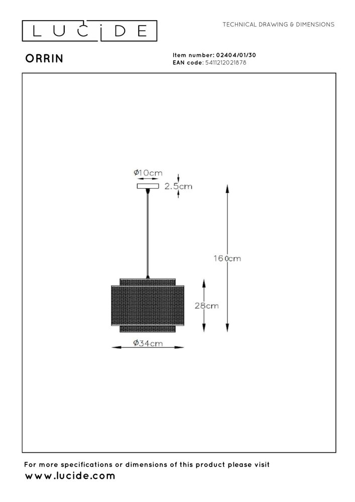 Lucide ORRIN - Hanglamp - Ø 34 cm - 1xE27 - Zwart