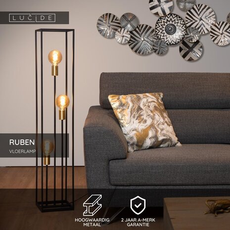 Lucide RUBEN - Vloerlamp - 3xE27 - Zwart