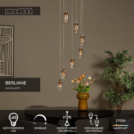 Lucide BERLIANE - Hanglamp - Ø 39 cm - LED Dimb. - 7x4W 2700K - Met vervangbare LED-module - Transparant - Essential Lucide BERLIANE - Hanglamp - Ø 39 cm - LED Dimb. - 7x4W 2700K - Met vervangbare LED-module - Transparant - Essential