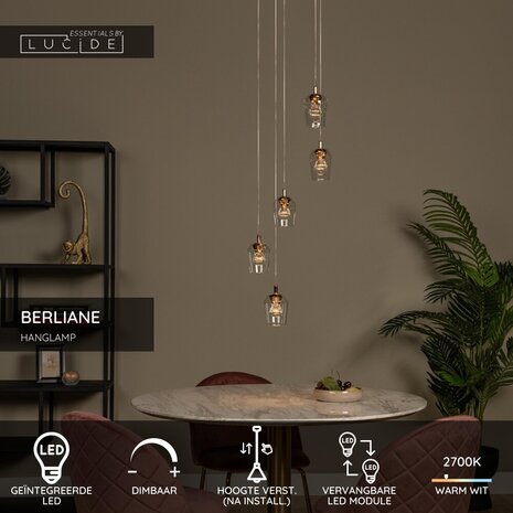 Lucide BERLIANE - Hanglamp - Ø 34 cm - LED Dimb. - 5x4W 2700K - Met vervangbare LED-module - Transparant - Essential