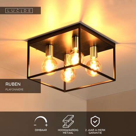 Lucide RUBEN - Plafonnière - 4xE27 - Zwart Lucide RUBEN - Plafonnière - 4xE27 - Zwart