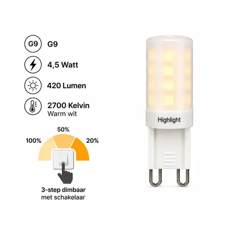 Highlight LED G9 lamp 4.5 Watt 3 standen DIM