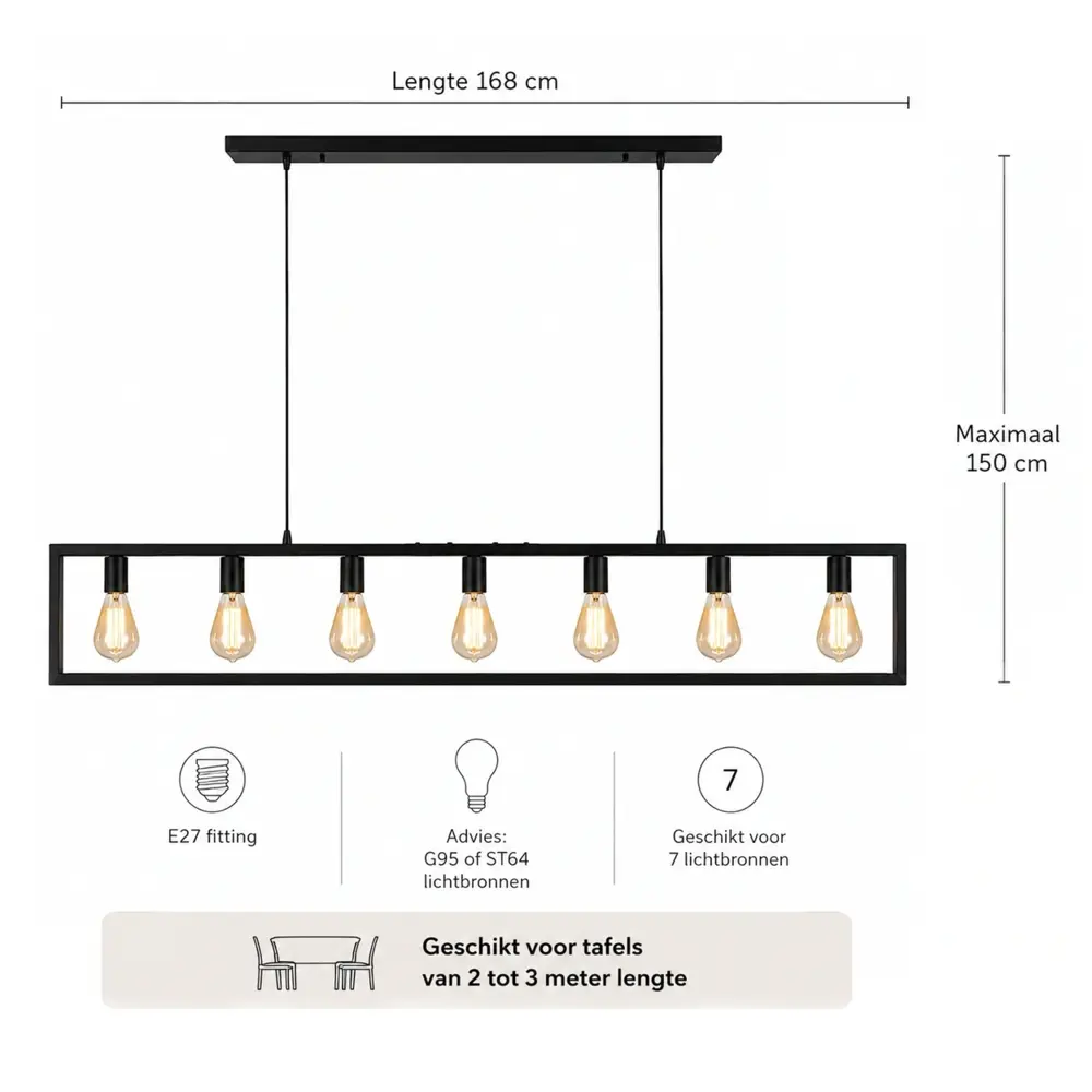 Freelight Hanglamp Distesa 7 lichts L 168 cm zwart