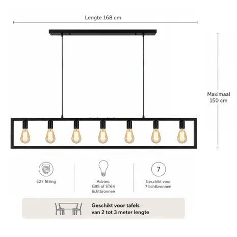 Freelight Hanglamp Distesa 7 lichts L 168 cm zwart