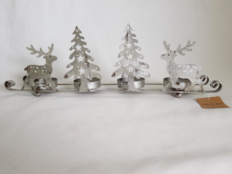 Dekoratief Bougeoir argenté rennes et arbres 39cm