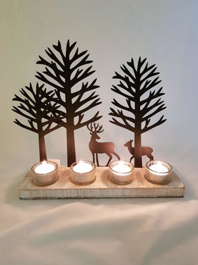 Dekoratief Bougeoir 4 bougies, arbres/cerfs, métal/bois