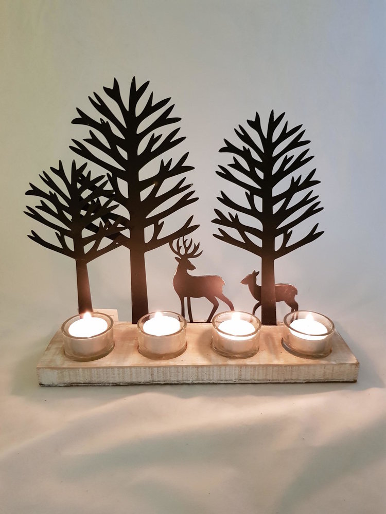 Dekoratief Bougeoir 4 bougies, arbres/cerfs, métal/bois