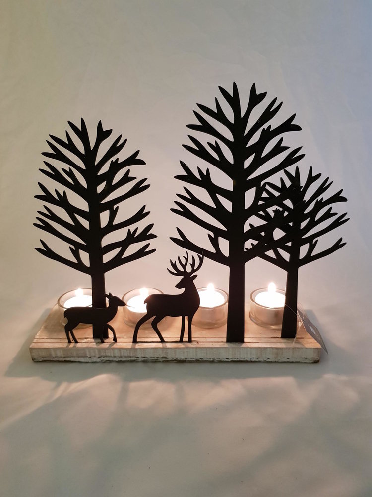 Dekoratief Bougeoir 4 bougies, arbres/cerfs, métal/bois