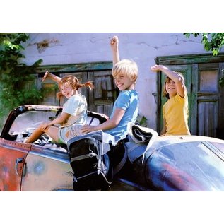 modern times Pippi Langkous postkaart - Pippi, Tommy en Annika in de auto