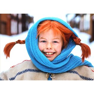 modern times Pippi Langkous postkaart - Pippi met blauwe sjaal in de sneeuw