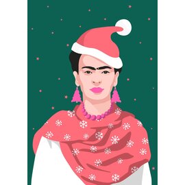 Nobis Design Pop Art New Generation Weihnachtskarte – Frida Kahlo mit Weihnachtsmütze