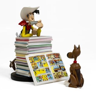 Plastoy Lucky Luke beeld met stapel stripboeken & Rataplan