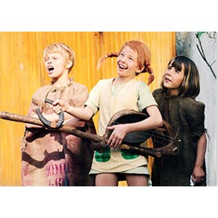 modern times Pippi Longstocking postcard  - Pippi with Tommie and Annika and guitar