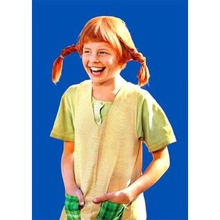 modern times Pippi Langkous postkaart - Pippi lachend met blauwe achtergrond