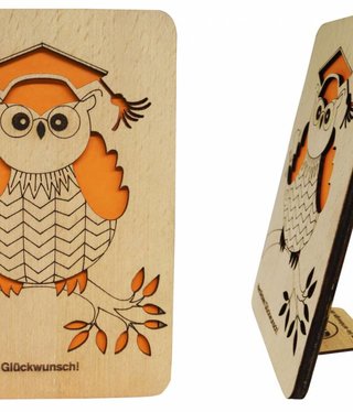 Wooden greeting card, wooden cards, greeting card, birthday card, doktur owl, N601