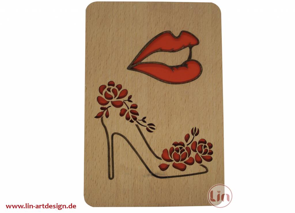 Grußkarten aus Holz, Holzkarten, Glückwunschkarte, Shopping Gutschein, Schuhe , Lipstick, N607