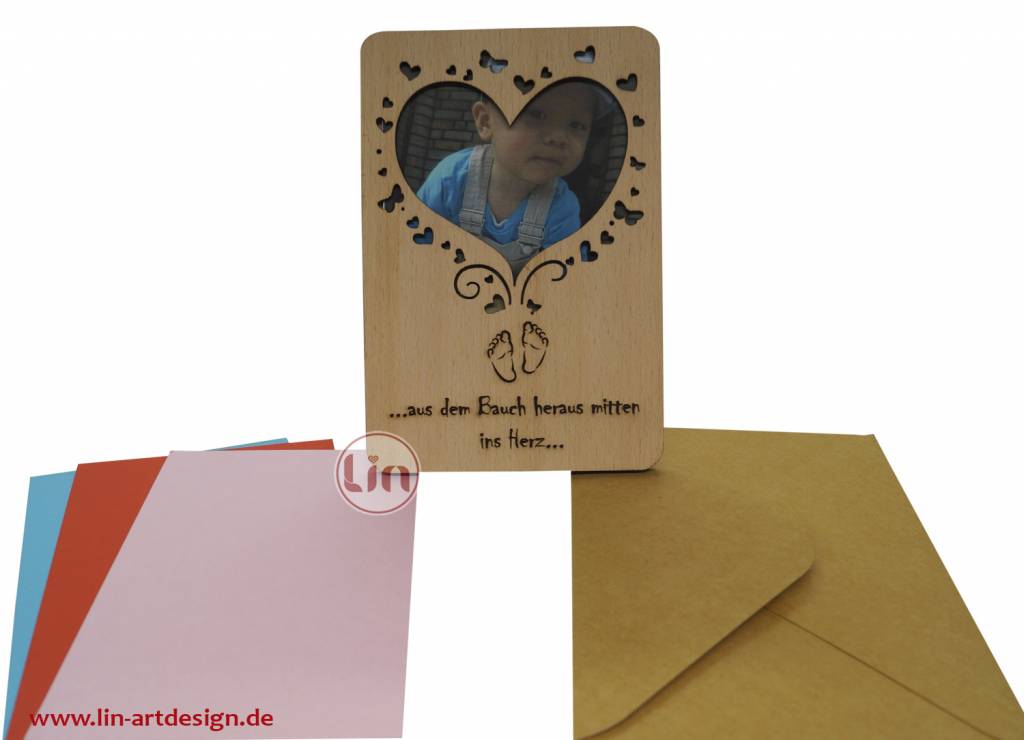 Grußkarte aus Holz, Holzkarten, Glückwunschkarte, Geburtskarte, Herz Geburt, N604