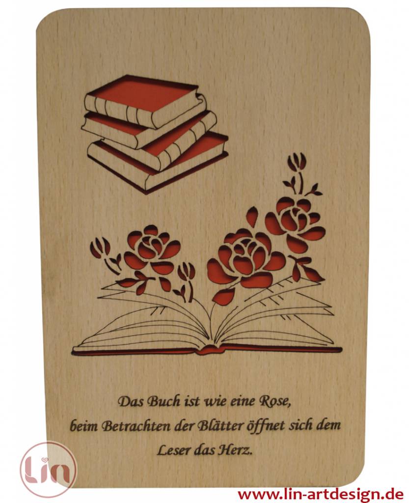 Grußkarte aus Holz, Holzkarten, Glückwunschkarte, Geburtstagskarte, Rosen Buch Gutschein, N605