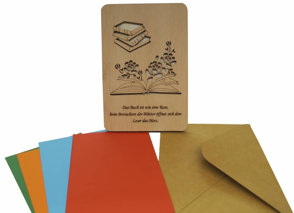 Wood greeting card, Books and roses, N605