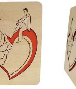 Wood greeting card, Bridal pair sitting on heart, N603