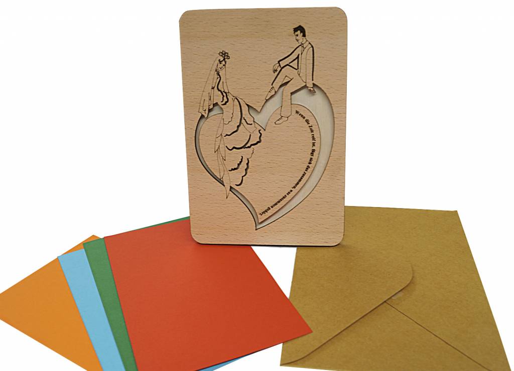Wood greeting card, Bridal pair sitting on heart, N603