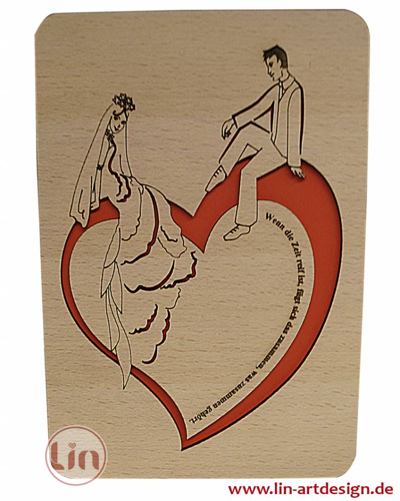 Grußkarte aus Holz, Holzkarten, Valentinskarte, Hochzeitskarte, Brautpaar auf Herz, N603