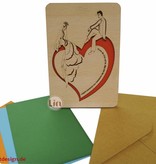 Wood greeting card, Bridal pair sitting on heart, N603