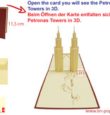Pop Up 3D Karte, Glückwunschkarte, Reisegutschein, Malaysia, Petronas Tower, N164