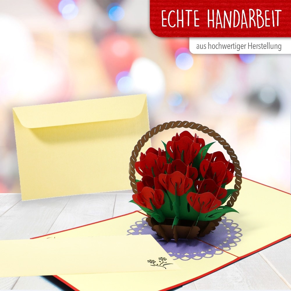 LINPOPUP Pop Up Karte, Rosen, 3D Blumenkorb, Geburtstags-Karte - Hochzreit - Muttertag - Jahrestag - Geschenk - Gruß-Karte mit Blumen, LIN17752, LINPopUp®, N720