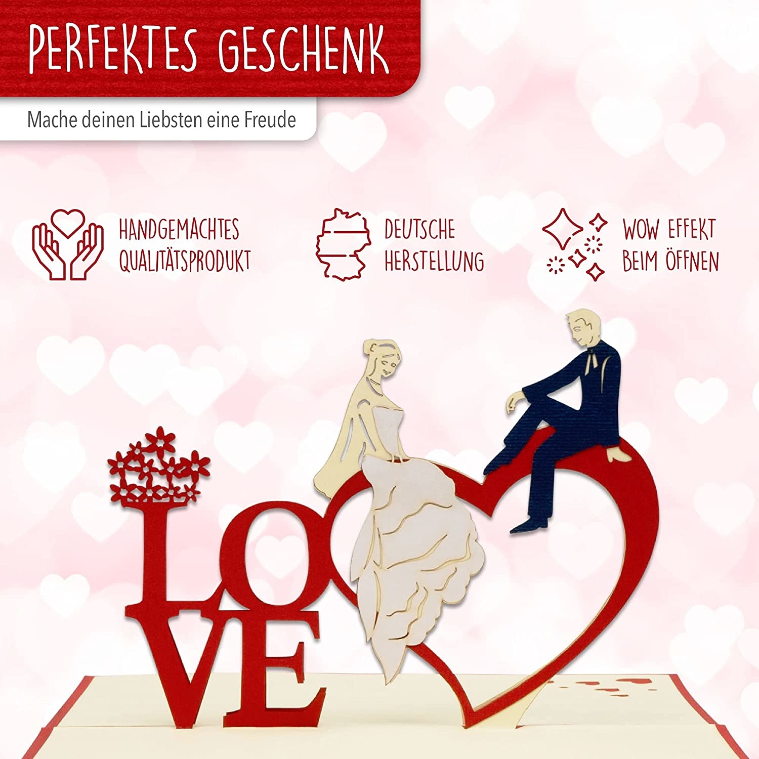 LINPOPUP Pop Up 3D Karte, Hochzeitskarte, Hochzeitseinladung, Brautpaar Herz, LIN17381, LINPopUp®, N254