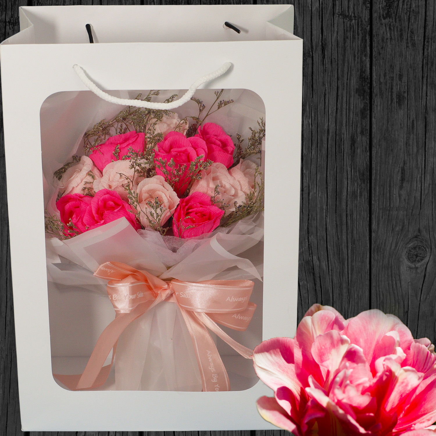 LINPOPUP FlowerBag Deluxe, Handgemachter Blumenstrauß, inkl. LIN Pop Up Karte als Geschenk zum Geburtstag, Muttertag, Jubiläum, Gute Besserung, Danke, Glückwunsch, Rosa Pink Rosenblüten, LIN17759, LINPopUp®,