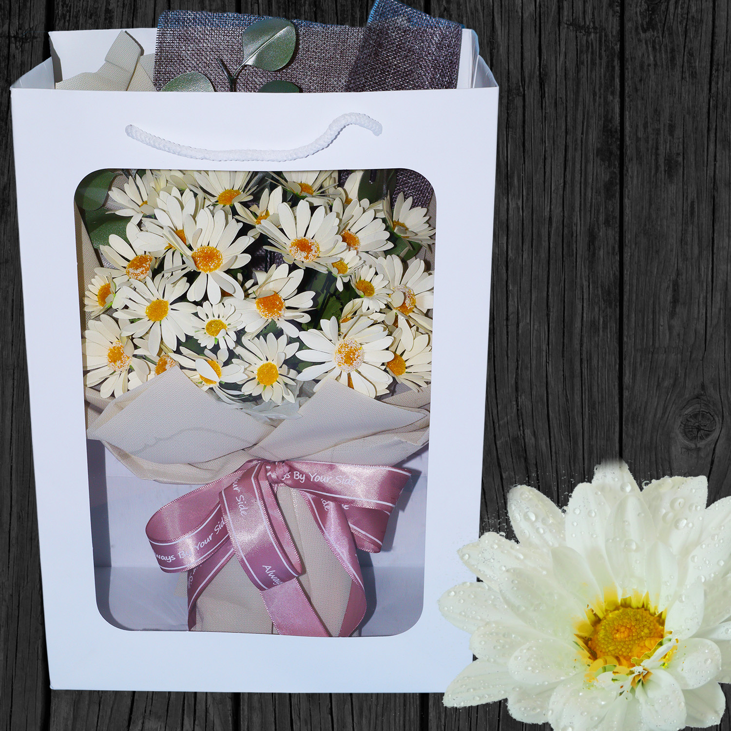 LINPOPUP FlowerBag Delux, Handgemachter Blumenstrauß - inkl. LIN POP UP Karte, als Geschenk zum Geburtstag - Muttertag - Jubiläum - zur Gute Besserung - Danke - Glückwunsch - Margeriten, LIN17759, LINPopUp®, N900