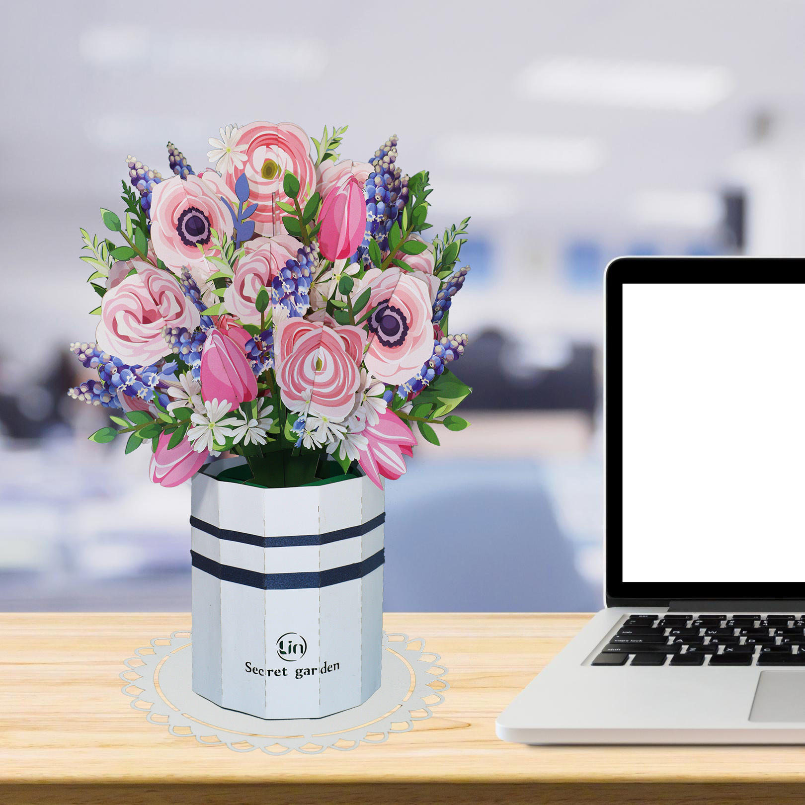 LINPOPUP LIN Pop-Up Blumenstrauß, Handgemachter Blumen aus Papier inkl. Vase u. Unterteller, als Geschenk zum Geburtstag, Muttertag, Jubiläum, Gute Besserung, Danke, Papierblumenstrauß, Ranunkeln, LIN17903, LINPopUp®, N801