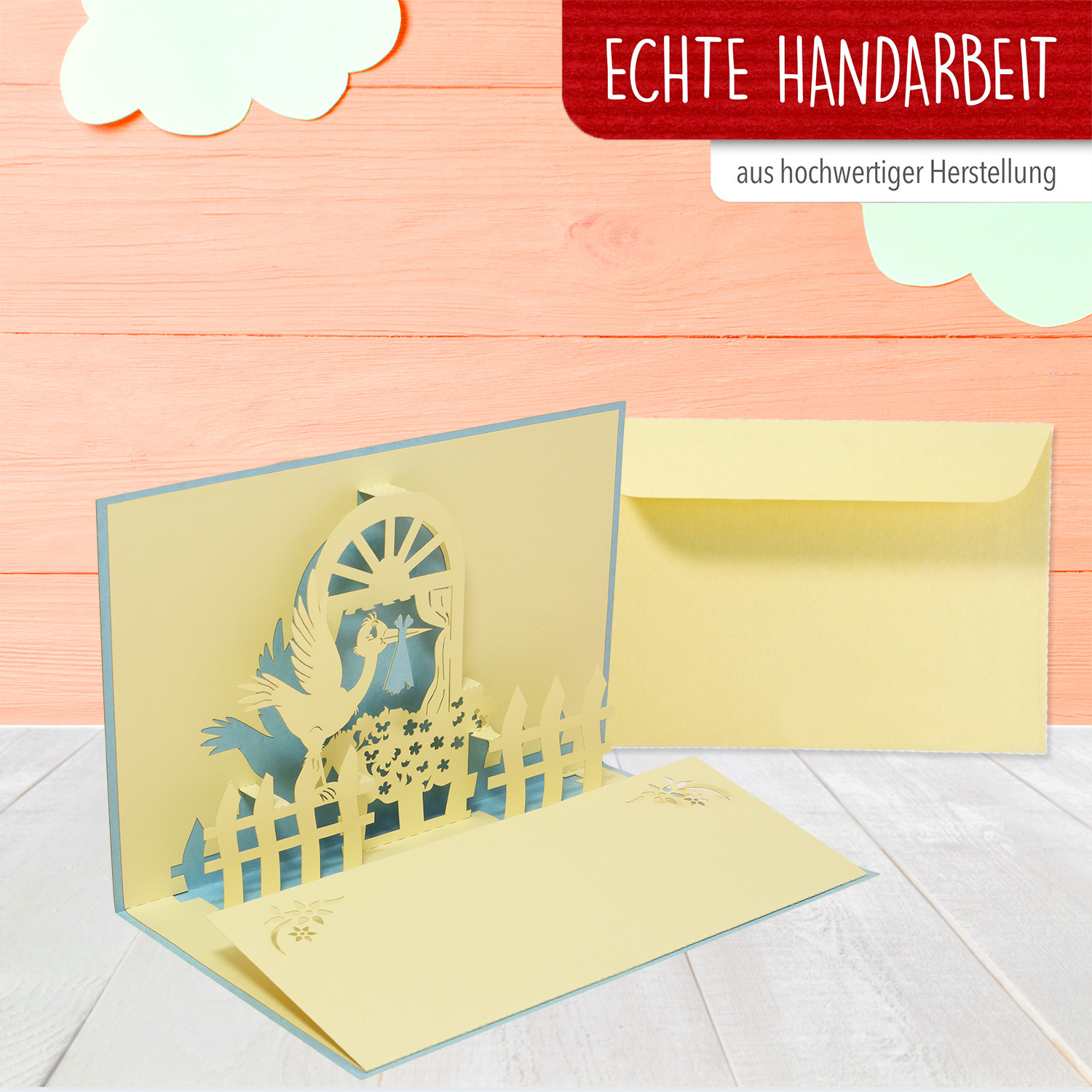 LINPOPUP Pop Up 3D Karte, Geburtskarte, Glückwunsch zur Geburt, Storch, LINPopUp®, N101