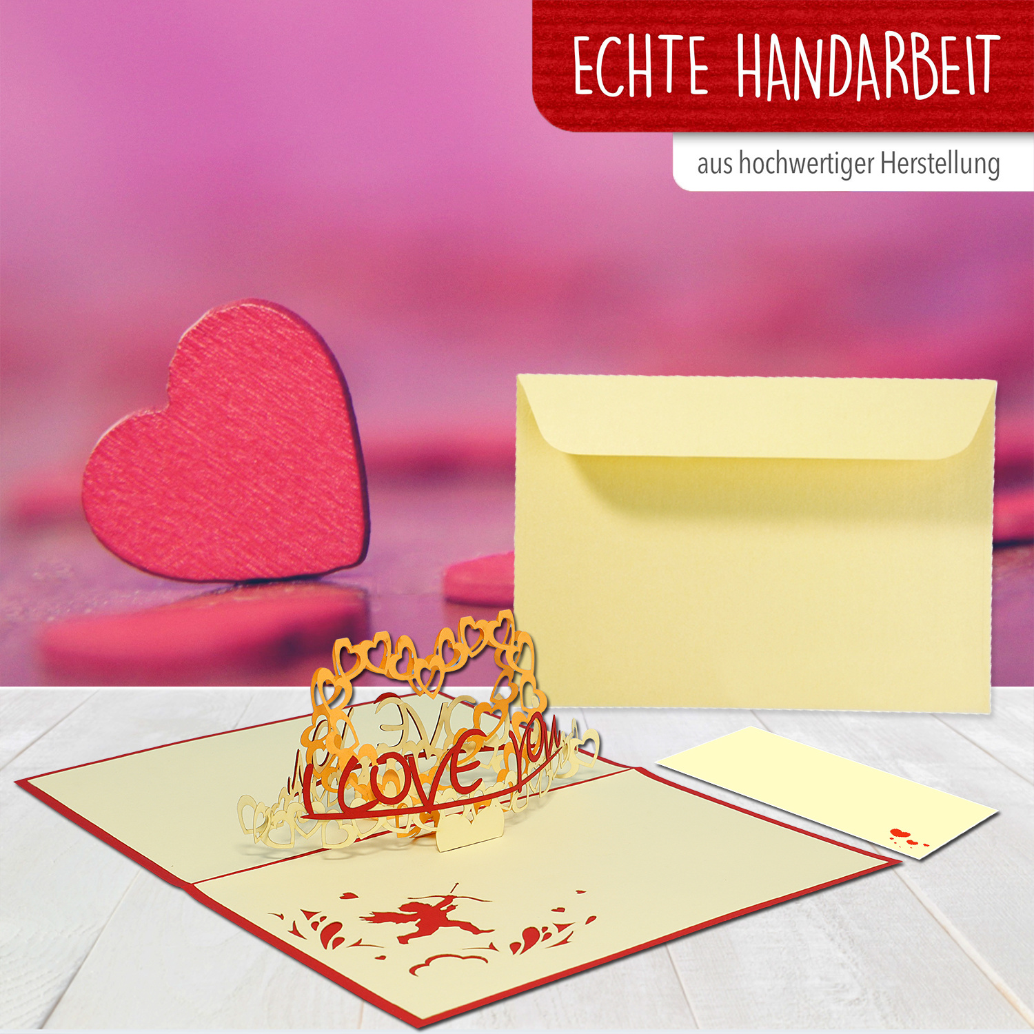 Pop Up 3D karte, Valentinskarte, Hochzeitseinladung, Hochzeitskarte,  Herz mit rotem Schriftzug, LINPopUp®, N57