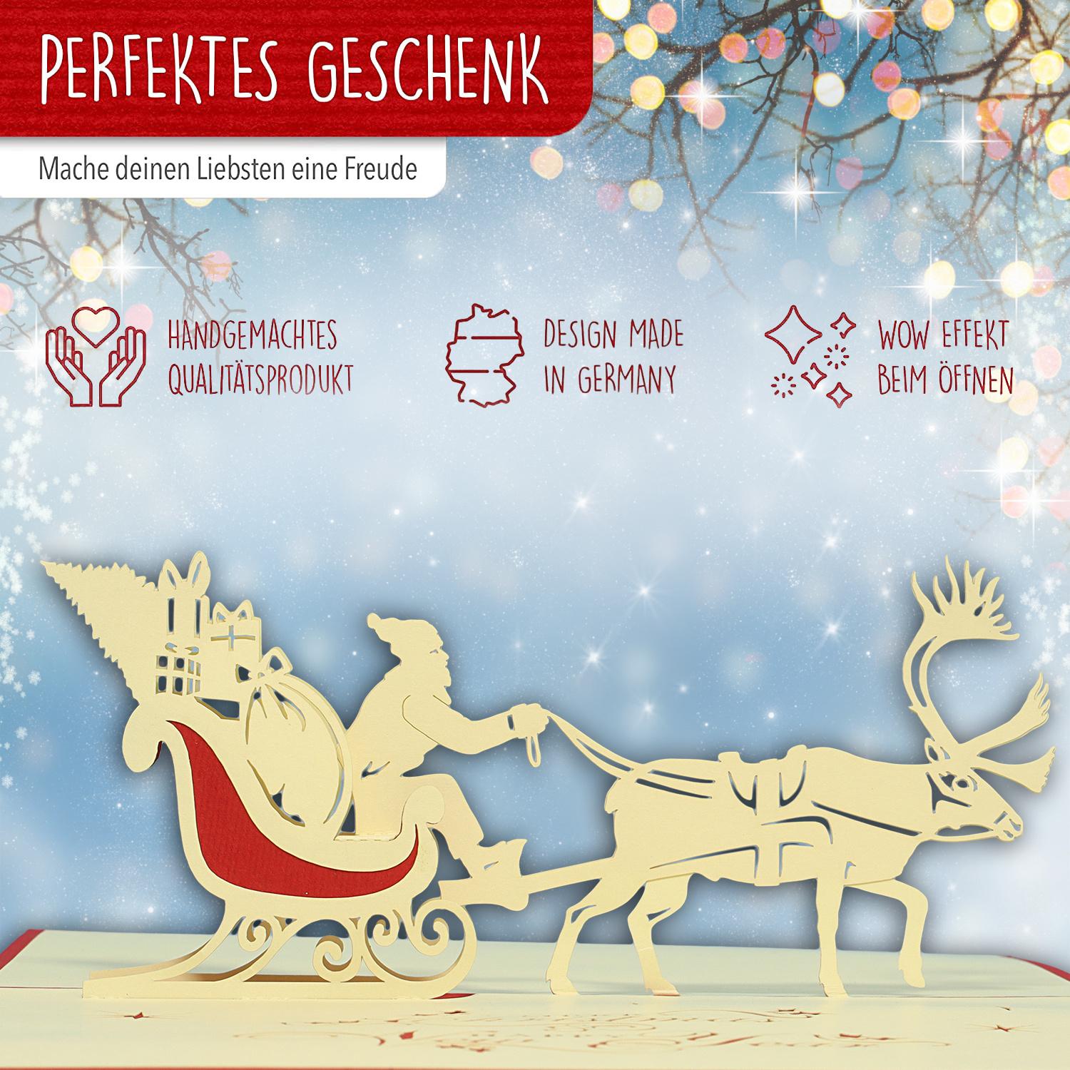 Pop Up 3D Karte, Weihnachtskarte, Glückwunschkarte, Weihnachtsmann im Schlitten, N404