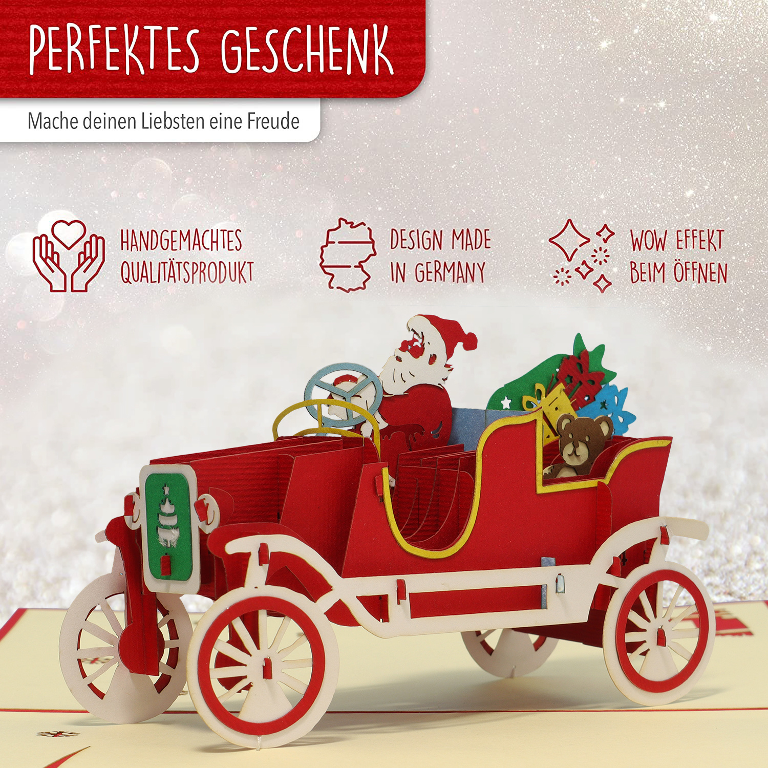 LINPOPUP Pop Up 3D Karten, Weihnachtskarten,  Weihnachtsmann im Auto, LIN17662, LINPopUp®, N457