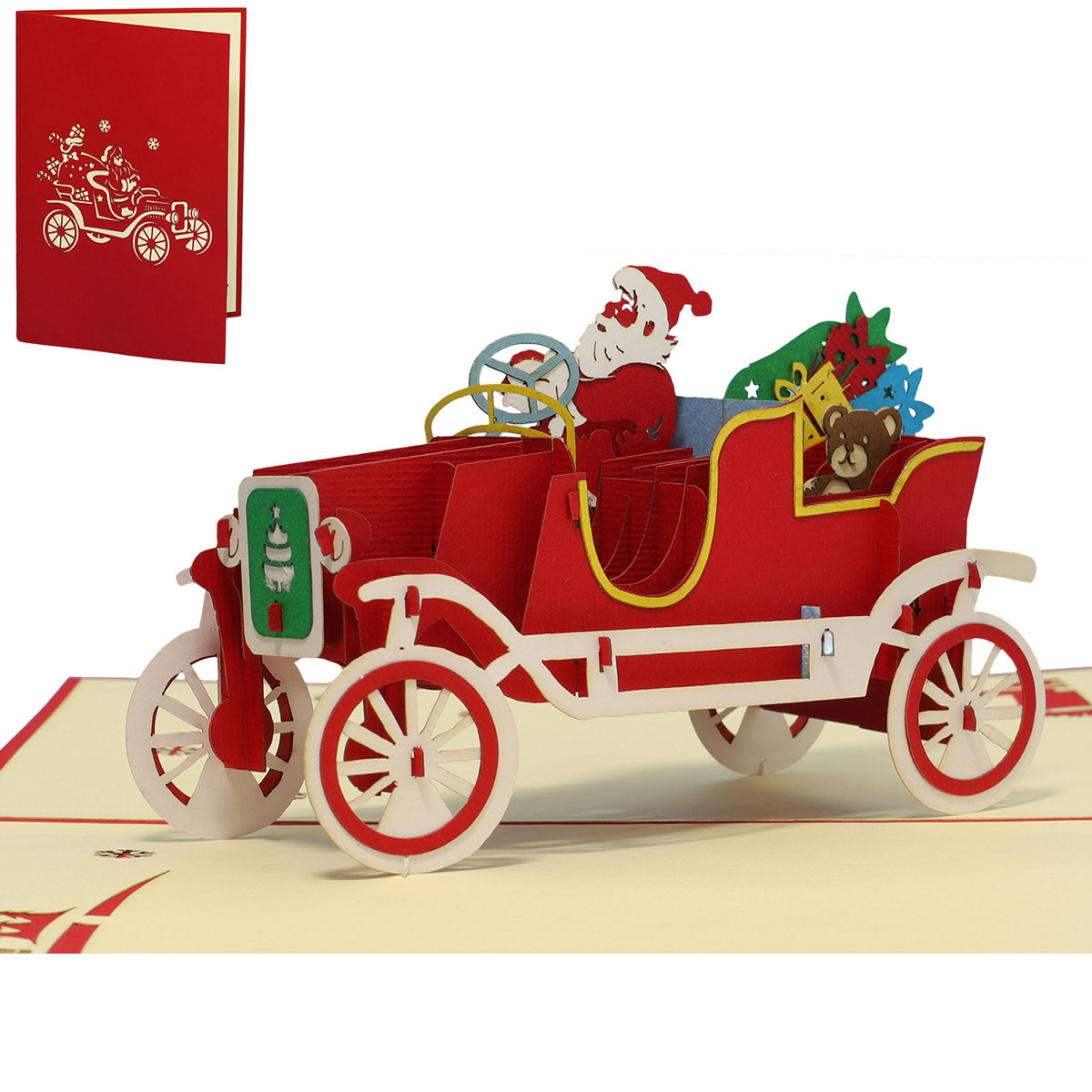 LINPOPUP 3D Pop Up cards, Christmas cards,  Holiday Season, Season Greetings, Santa Claus driving Oldtimer, LIN17662,  LINPopUp®, N457