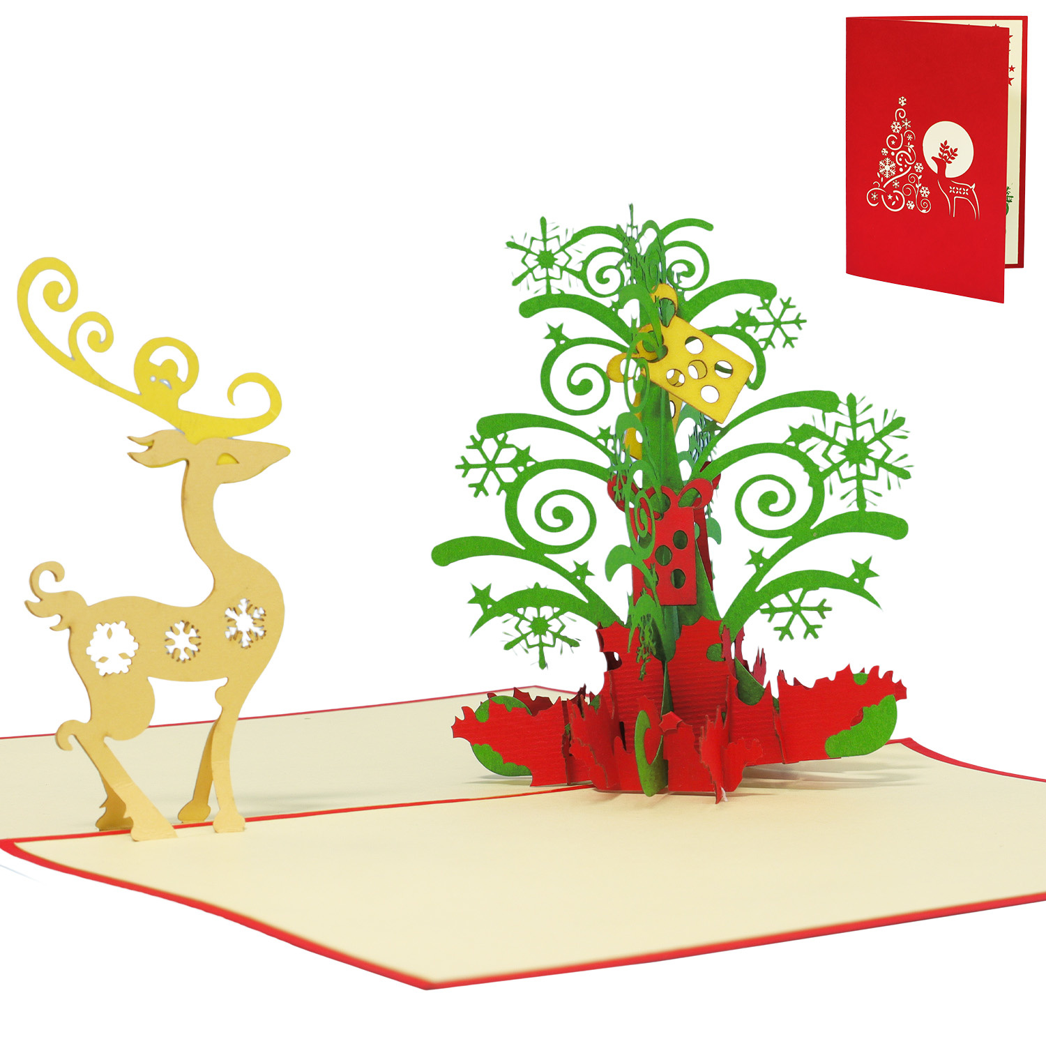 LINPOPUP Pop Up 3D Karte, Weihnachtskarte, Glückwunschkarte, Weihnachtsbaum, Tannenbaum mit Rentier, LIN17561, LINPopUp®, N451