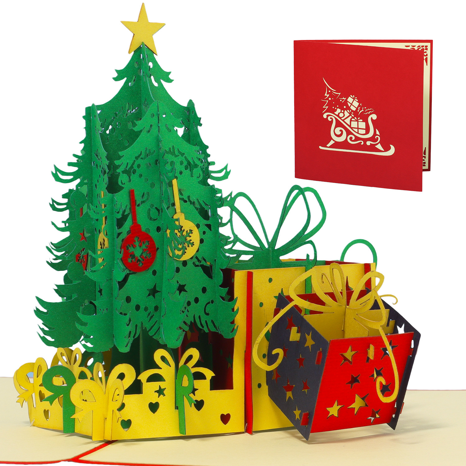 LINPOPUP Pop Up 3D Card, Christmas Card, Greeting Card, Fir Tree, Christmas Tree with Gifts, LIN17563, LINPopUp®, N453