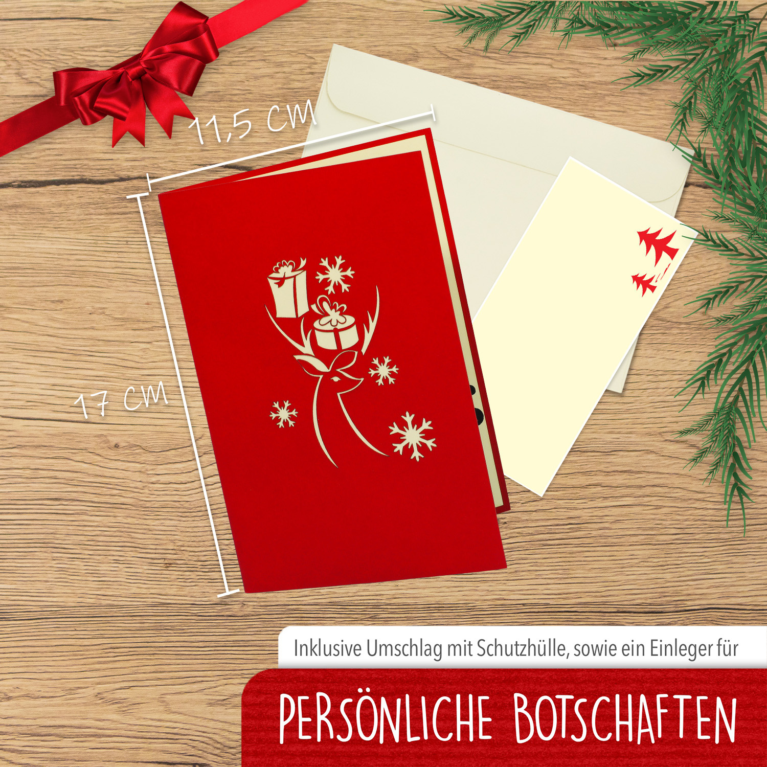 LINPOPUP Pop Up 3D Karte, Weihnachtskarte, Rentier mit Geschenken, LIN17558, LINPopUp®, N448