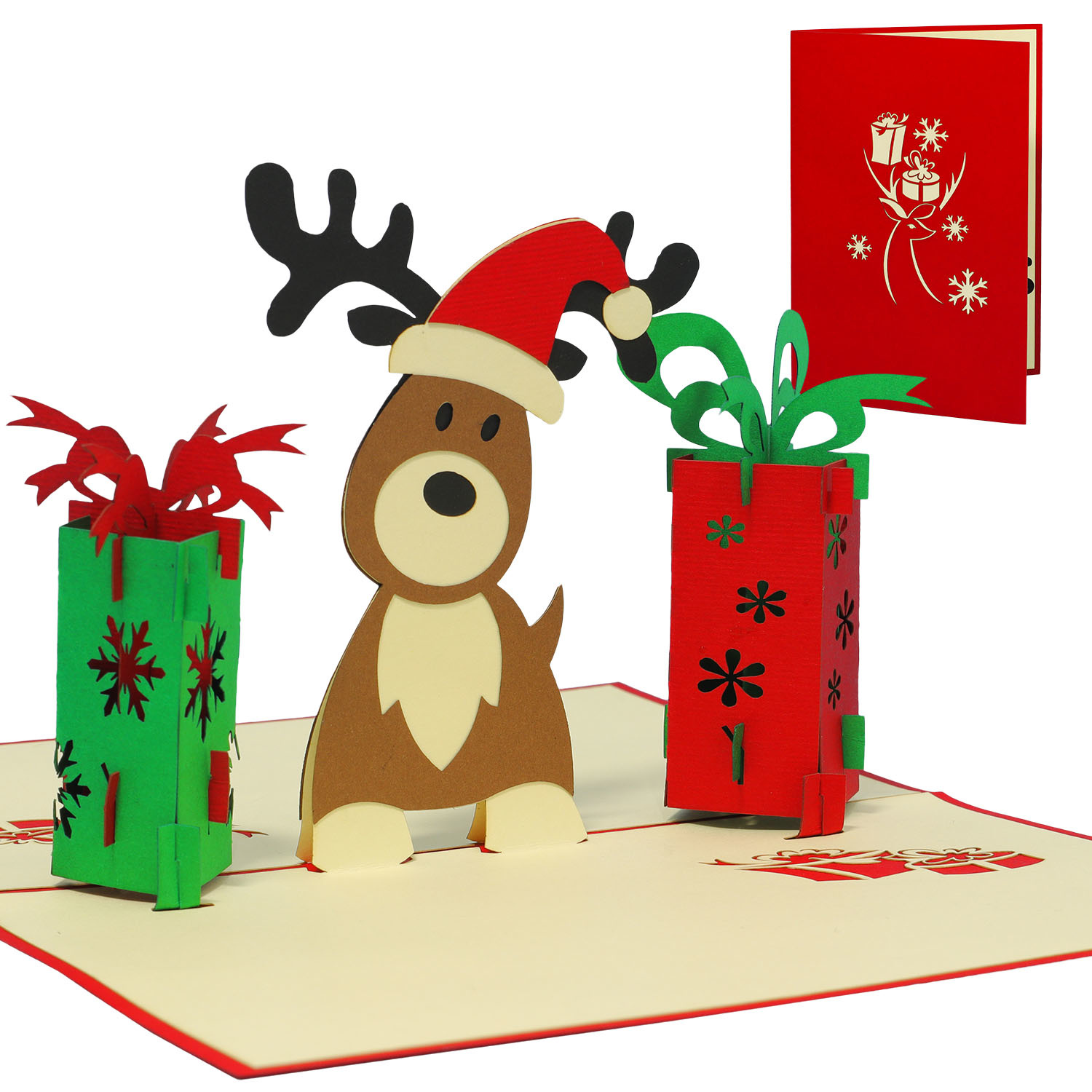 LINPOPUP Pop Up 3D Karte, Weihnachtskarte, Rentier mit Geschenken, LIN17558, LINPopUp®, N448