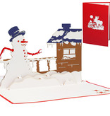 LINPOPUP Pop Up 3D Karte, Weihnachtskarte, Glückwunschkarte, Schneemann am Haus, LIN17585, LINPopUp®, N445