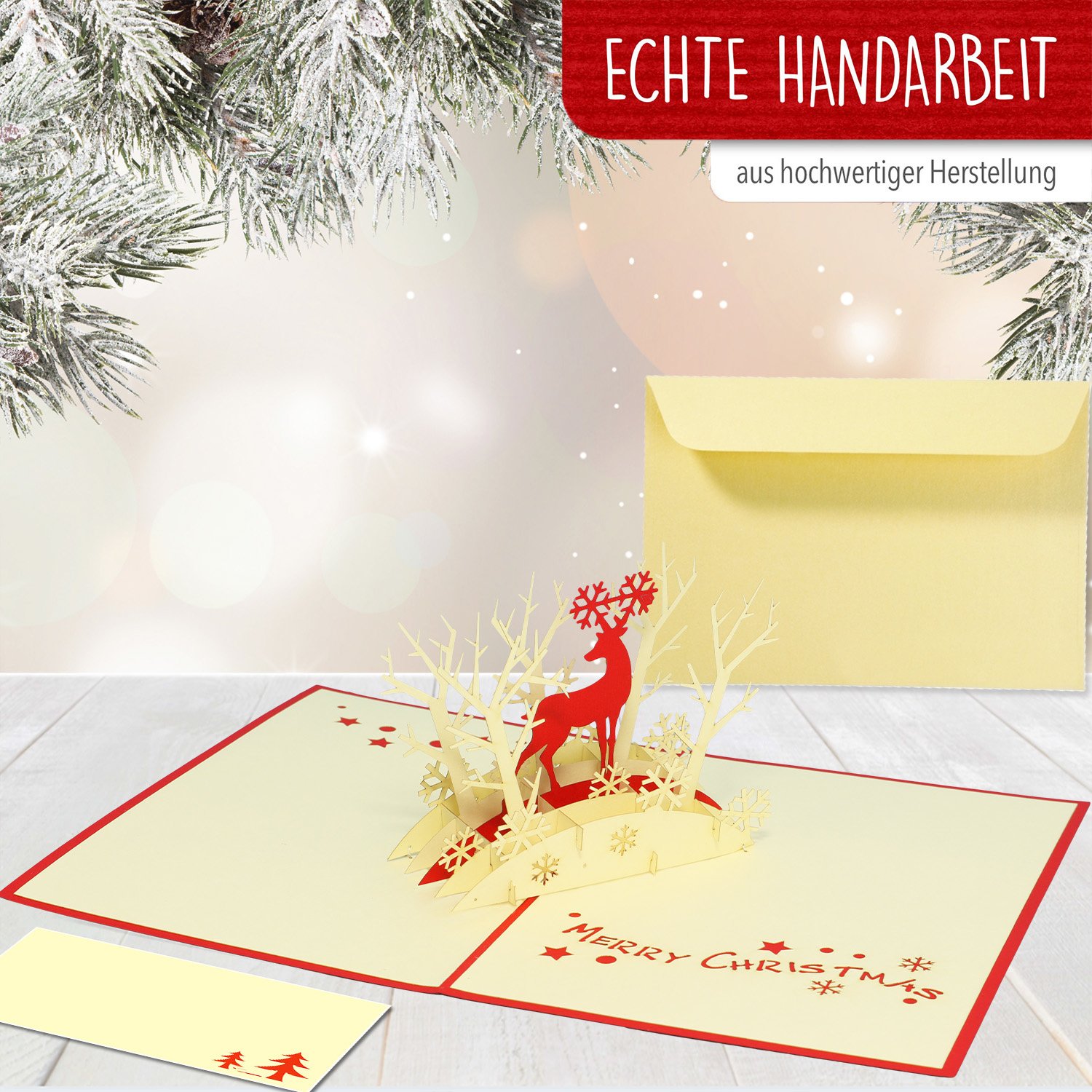 LINPOPUP Pop Up 3D Karte, Weihnachtskarte, Glückwunschkarte, Rentier im Wald, LINPopUp®, N417