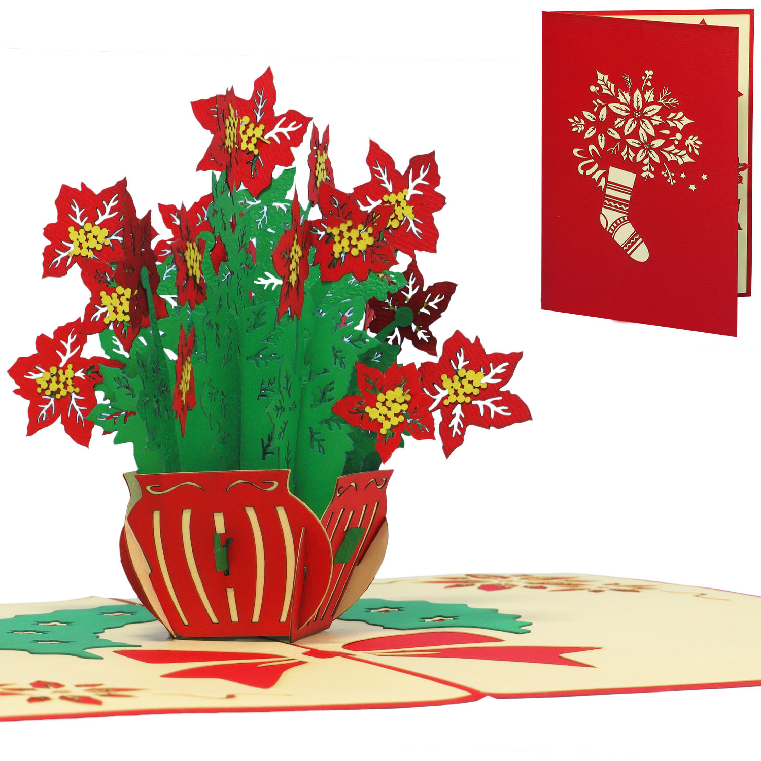 LINPOPUP Pop Up 3D Karte, Weihnachtskarte, Glückwunschkarte, Weihnachtsblumen, Weihnachtsstern, LIN17661, LINPopUp®, N456