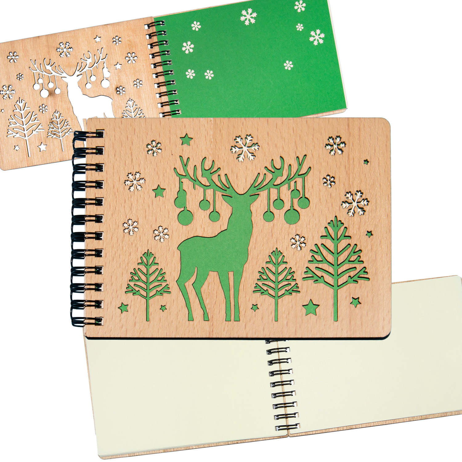 LINPOPUP  LINPOPUP®, notebook, refillable notebook, ring binder, blank wooden deer, notebook wooden cover, notebook small, deer