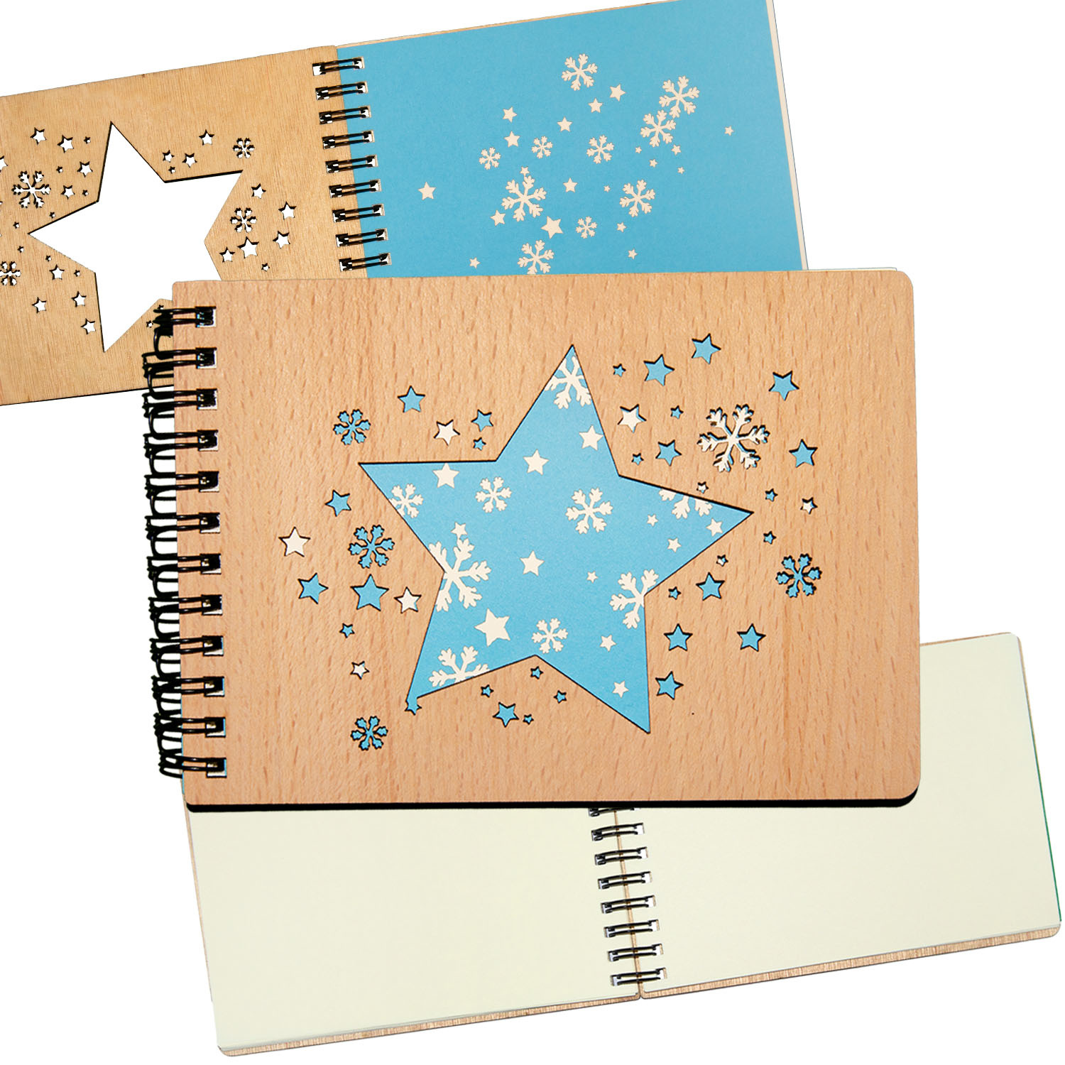 LINPOPUP LINPOPUP®, notebook, refillable notebook, ring binder, blank wooden christmas stars, notebook wooden cover, christmas stars